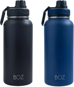 BOZ Stainless Steel Water Bottles 2 Pack Bundle - Blue Water Bottle + Black Water Bottle - Vaccum Insulated Water Bottles 32 Oz - Wide Mouth BPA Free Sport Water Bottles for Gym with Spout Lid