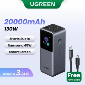 UGREEN 20000mAh Laptop Powerbank PD 100W 130W 200W 2C1A Fast Charging Power Bank for Laptop Dell MacBook Air/Pro Lenovo Power Station TFT Dispaly 3-Port Support SAMSUNG 45W Fast Charging Portable