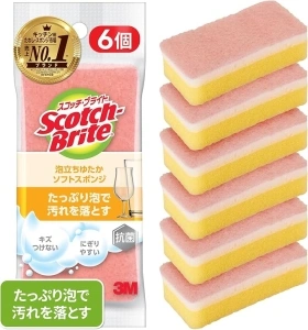 (Amazon.co.jp Exclusive) WS-77KP-6P 3M Sponge Dishwashing Kitchen Scratch Resistant Antibacterial Foaming Yutaka Pink Pack of 6