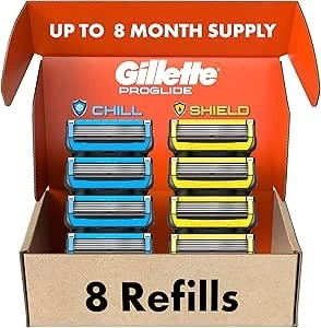 Gillette Mens Razor Blade Refills, 4 ProGlide Chill Cartridges, 4 ProGlide Shield Cartridges, Shields against Skin Irritation, Cools to sooth skin