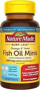 Nature Made Burp-Less Omega-3 from Fish Oil 1400 mg Minis, Dietary Supplement for Heart Health, Eyes and Brain Support, 60 Softgels, 30 Day Supply