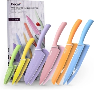 hecef 6 Pieces Kitchen Knife Set with Covers, Non-Stick Multicolor Coated Cooking Knife Set, Professional Chef Knife with Ergonomic Handle (rainbow)