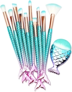 11PCS Makeup Brushes Set with Colorful Fish Tail Handle, Foundation Eyebrow Eyeliner Blush Cosmetic Concealer Brushes Christmas Gifts Stocking Stuffers for Girls Accessories Stuff Cute Makeup Brushes