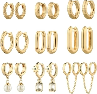 9 Pairs Gold Chunky Hoop Earrings Set for Women, 14K Gold Plated Twisted Huggie Hoop Earring Hypoallergenic, Lightweight Thick Open Hoops Earrings Jewelry Gifts.