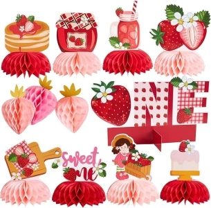 13Pcs Berry First Birthday Decorations Honeycomb Centerpieces for Baby Girls, Strawberry Theme 1st Birthday Table Centerpiece Party Supplies, Berry Sweet One Birthday Party Table Decor