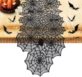 Nialnant Halloween Decoration Table Runner with 12 Pack 3D Bats, Spider Web Black Lace Table Runner for Kitchen Dinner Table, Halloween Party Decoration Indoor - 13 x 72 Inch