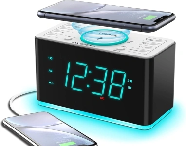 Alarm Clock Radio, 15W Ultra Fast Wireless Phone Charger with Bluetooth, Two Charging Ports, Dual Alarm, Sleep Timer, Snooze, Dimmer, FM Radio,Cyan LED Night Light &1.4