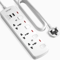 LENCENT Extension Lead with USB Slots, 3 Way Sockets Outlet Power Strips with 2 USB Ports, Universal Plug Adapter with 2M Extension Cord, Charging Station for Home, Office, Individually Switched