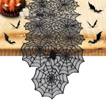 Nialnant Halloween Decoration Table Runner with 12 Pack 3D Bats, Spider Web Black Lace Table Runner for Kitchen Dinner Table, Halloween Party Decoration Indoor - 13 x 72 Inch