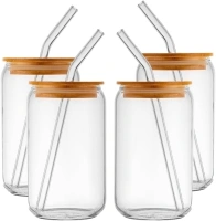 Drinking Glasses with Bamboo Lids and Glass Straw (540ml x 4pcs Set) Glass Tumblers for Iced Coffee,Cocktail, Juices (Glass Tumblers with Lids and Straws (540ml x 4pcs)) Free Cleaning Brushes